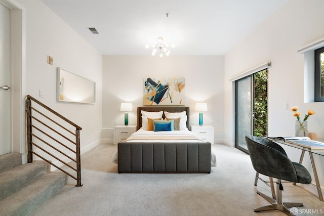 1829 15th St Unit 1, San Francisco, CA 94103 - bedroom featuring light colored carpet, baseboards, access to outside, and a chandelier