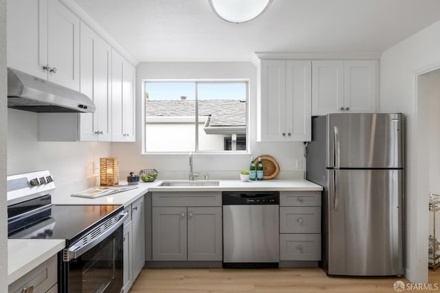 281 Polaris Way, Daly City, CA 94014 - kitchen with appliances with stainless steel finishes, under cabinet range hood, gray cabinets, and light wood-style flooring