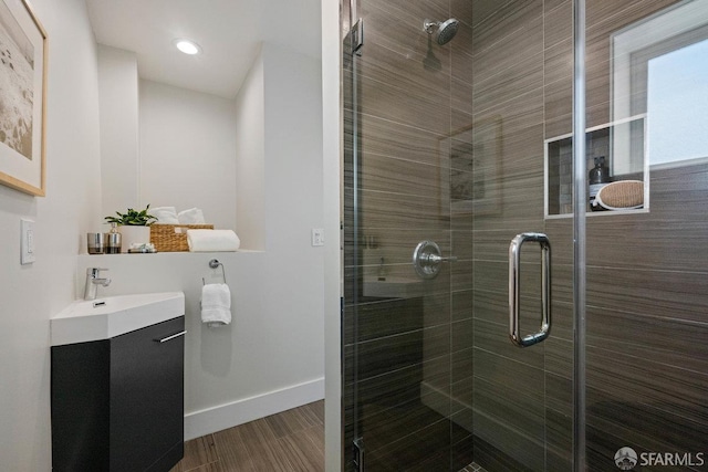 3790 Cesar Chavez St, San Francisco, CA 94110 - bathroom with a shower stall, vanity, and baseboards