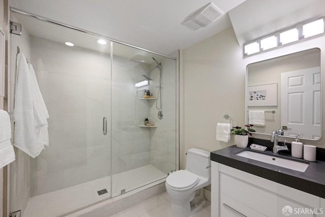 3790 Cesar Chavez St, San Francisco, CA 94110 - full bath with vanity, toilet, a stall shower, tile patterned flooring, and recessed lighting