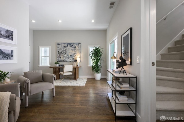 3790 Cesar Chavez St, San Francisco, CA 94110 - living area with stairs, wood finished floors, recessed lighting, and an office area