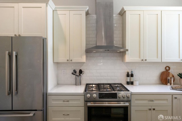 3790 Cesar Chavez St, San Francisco, CA 94110 - kitchen with stainless steel appliances, wall chimney exhaust hood, decorative backsplash, and light countertops