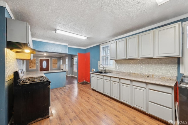 kitchen with a sink, light countertops, backsplash, range, and light wood finished floors