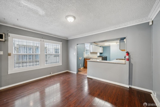 unfurnished living room featuring baseboards, dark wood-style flooring, crown molding, a textured ceiling, and a sink