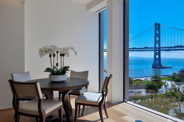 dining room featuring plenty of natural light, a water view, and light wood-type flooring