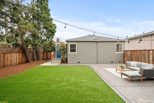 back of property featuring a patio, an outdoor living space, a yard, a fenced backyard, and stucco siding