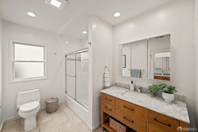 full bath with shower / bath combination with glass door, recessed lighting, vanity, toilet, and tile patterned flooring