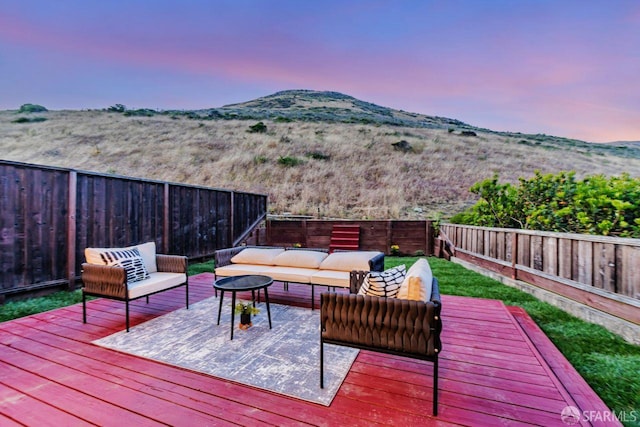 32 Highcrest Ln, South San Francisco, CA 94080 - wooden terrace with an outdoor hangout area, a mountain view, and a fenced backyard