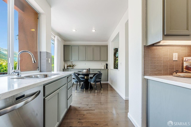 32 Highcrest Ln, South San Francisco, CA 94080 - kitchen featuring dishwasher, a sink, gray cabinetry, plenty of natural light, and recessed lighting