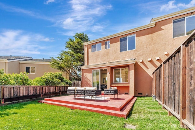 32 Highcrest Ln, South San Francisco, CA 94080 - back of house featuring a wooden deck, outdoor lounge area, and stucco siding