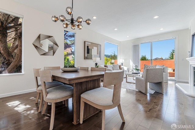 32 Highcrest Ln, South San Francisco, CA 94080 - dining area with wood finished floors, a chandelier, recessed lighting, and baseboards