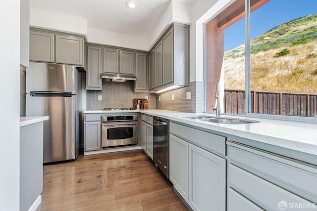 32 Highcrest Ln, South San Francisco, CA 94080 - kitchen featuring appliances with stainless steel finishes, gray cabinets, a sink, and recessed lighting