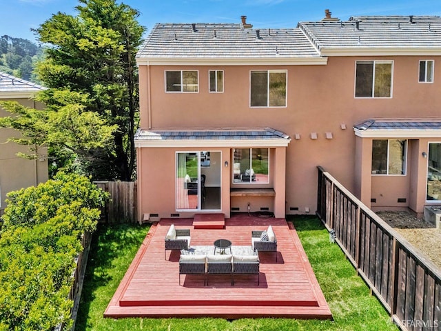 32 Highcrest Ln, South San Francisco, CA 94080 - back of house with stucco siding, a deck, an outdoor hangout area, and a tile roof