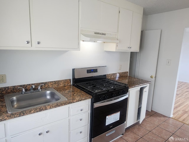 kitchen with gas stove, extractor fan, white cabinetry, light hardwood / wood-style flooring, and sink