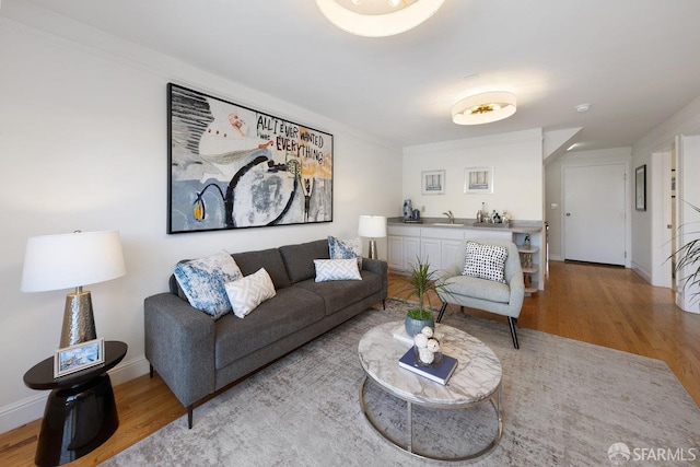 1751 25th Ave, San Francisco, CA 94122 - living area featuring wood finished floors, bar with sink, and crown molding