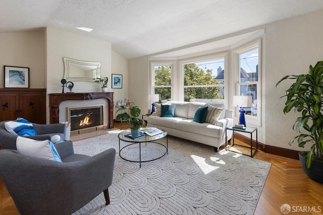 1751 25th Ave, San Francisco, CA 94122 - living area with lofted ceiling, a textured ceiling, and a glass covered fireplace