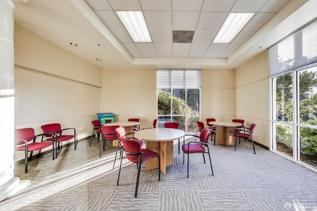 interior space with a towering ceiling, a raised ceiling, and carpet