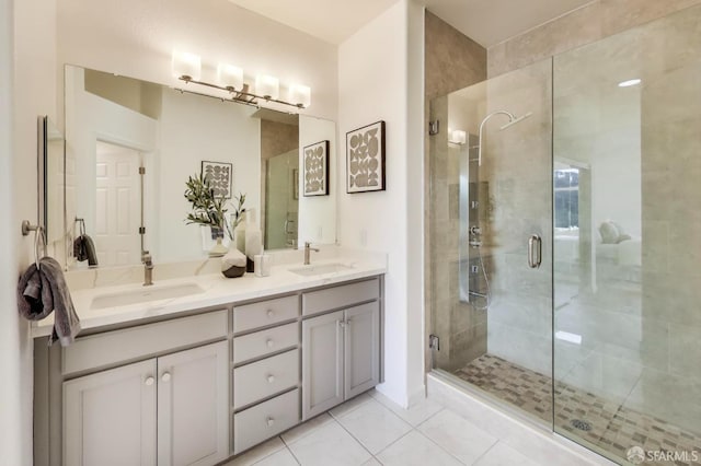 bathroom featuring tile patterned flooring, vanity, and a shower with door