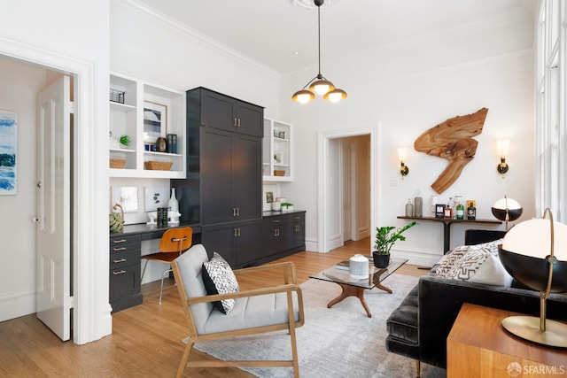 49 Hill St, San Francisco, CA 94110 - living room featuring crown molding, built in desk, and light wood-type flooring