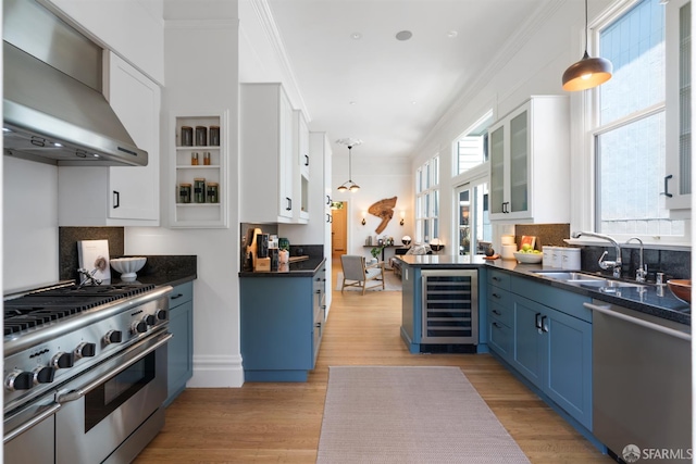 49 Hill St, San Francisco, CA 94110 - kitchen with wine cooler, appliances with stainless steel finishes, blue cabinets, wall chimney range hood, and ornamental molding