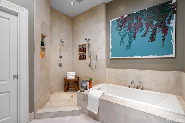 49 Hill St, San Francisco, CA 94110 - bathroom featuring a bath, a tile shower, and recessed lighting
