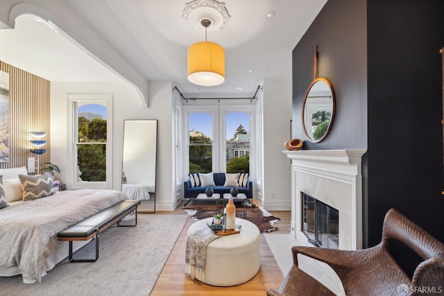 49 Hill St, San Francisco, CA 94110 - bedroom featuring multiple windows, wood finished floors, a high end fireplace, access to outside, and recessed lighting