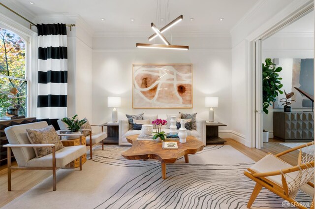 49 Hill St, San Francisco, CA 94110 - living room featuring light wood-type flooring, crown molding, and recessed lighting