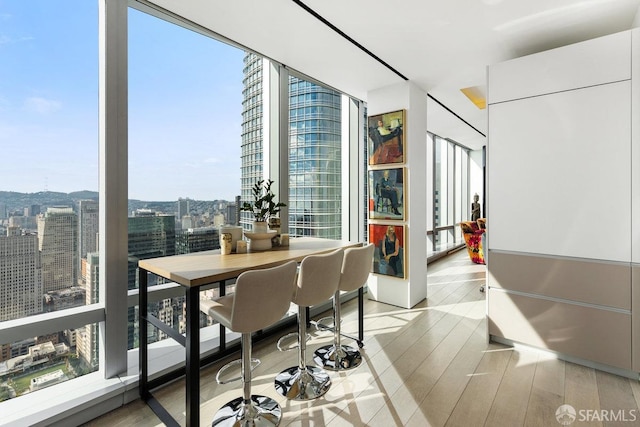 dining room with light hardwood / wood-style flooring and a wall of windows