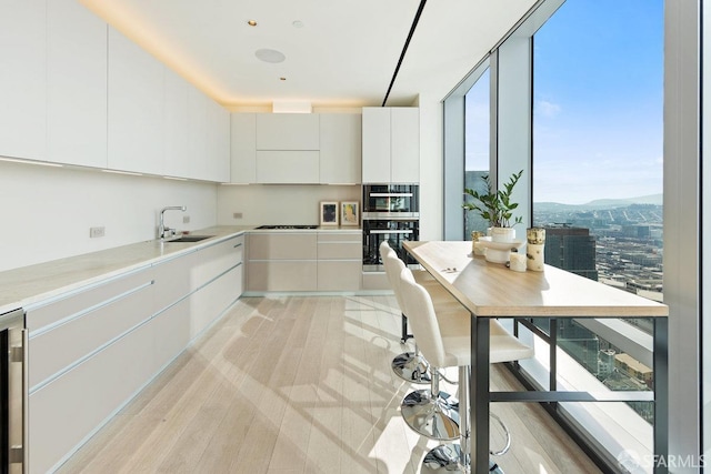 kitchen with sink, light hardwood / wood-style flooring, a mountain view, white cabinets, and black appliances