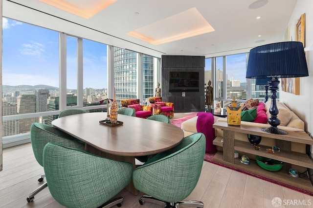 dining space featuring expansive windows and light hardwood / wood-style flooring