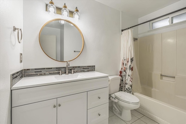 full bathroom featuring tile patterned floors, vanity, shower / tub combo, and toilet