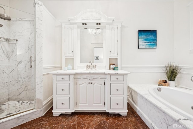 bathroom with vanity and plus walk in shower