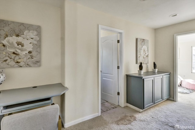 interior space featuring baseboards and light colored carpet