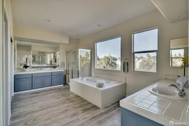 bathroom featuring wood finished floors, two vanities, a sink, a shower stall, and a bath