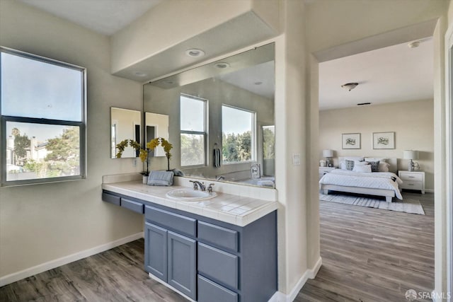 ensuite bathroom with vanity, wood finished floors, connected bathroom, and baseboards