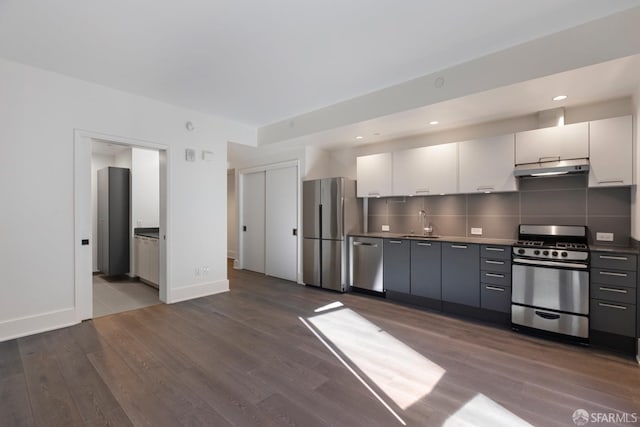 kitchen featuring white cabinets, dark wood-style floors, appliances with stainless steel finishes, under cabinet range hood, and backsplash