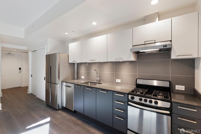 kitchen with under cabinet range hood, appliances with stainless steel finishes, decorative backsplash, and a sink