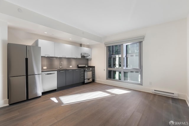 kitchen with a baseboard radiator, appliances with stainless steel finishes, white cabinetry, a sink, and under cabinet range hood