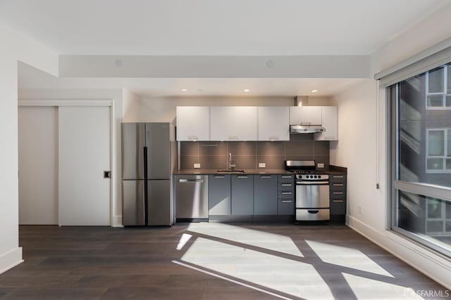 kitchen with appliances with stainless steel finishes, dark wood-type flooring, white cabinetry, a sink, and under cabinet range hood