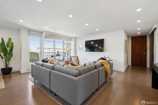 living room with dark wood-type flooring