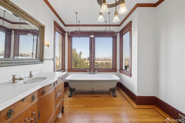 bathroom with a soaking tub, vanity, baseboards, and wood finished floors