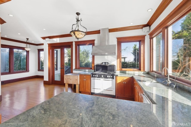 kitchen featuring a sink, range with gas cooktop, a healthy amount of sunlight, and exhaust hood