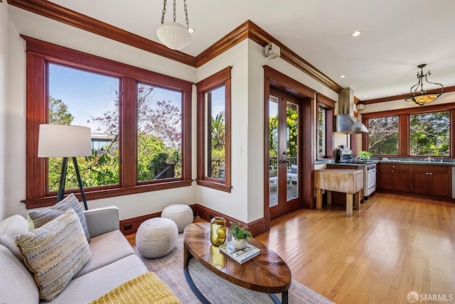 4020 20th St, San Francisco, CA 94114 - living area featuring light wood-style flooring, crown molding, french doors, baseboards, and recessed lighting