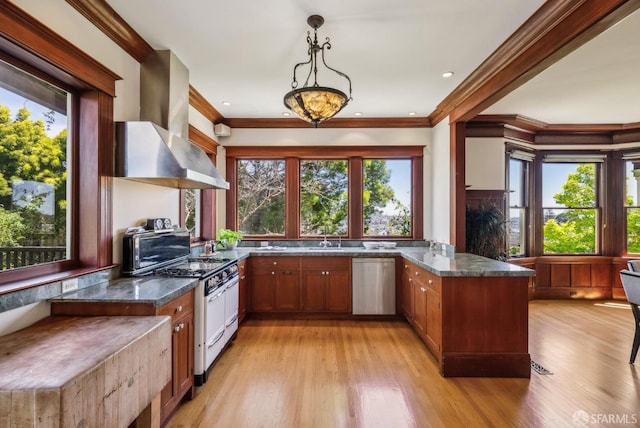 4020 20th St, San Francisco, CA 94114 - kitchen with dishwasher, white range with gas stovetop, a sink, light wood-style floors, and crown molding