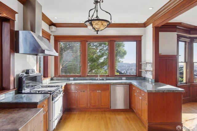 kitchen with a peninsula, island exhaust hood, range with gas cooktop, light wood-style floors, and dishwasher