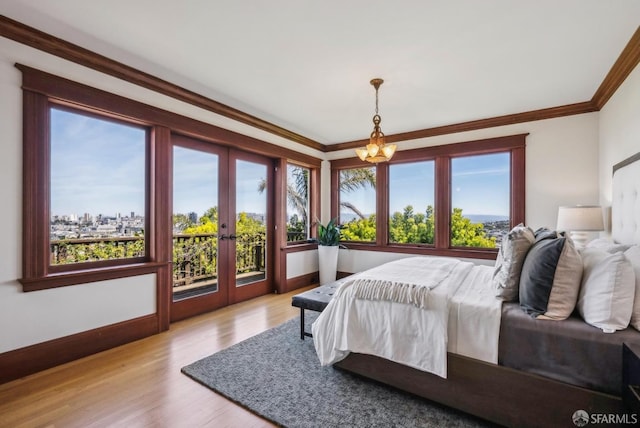 4020 20th St, San Francisco, CA 94114 - bedroom with access to outside, crown molding, baseboards, wood finished floors, and french doors