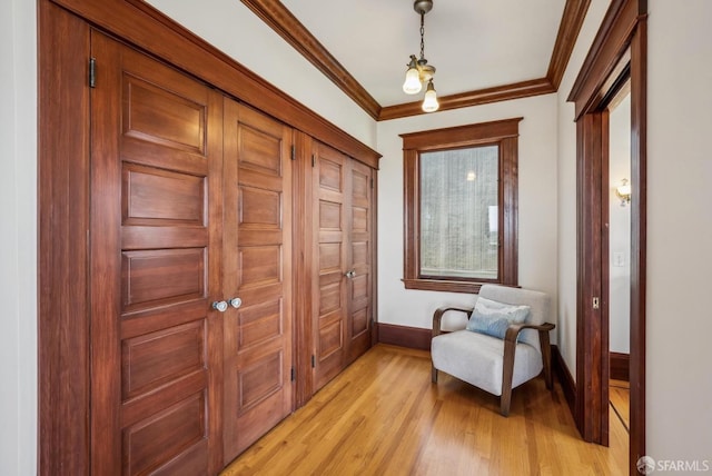 4020 20th St, San Francisco, CA 94114 - doorway to outside with baseboards, light wood-style flooring, and crown molding