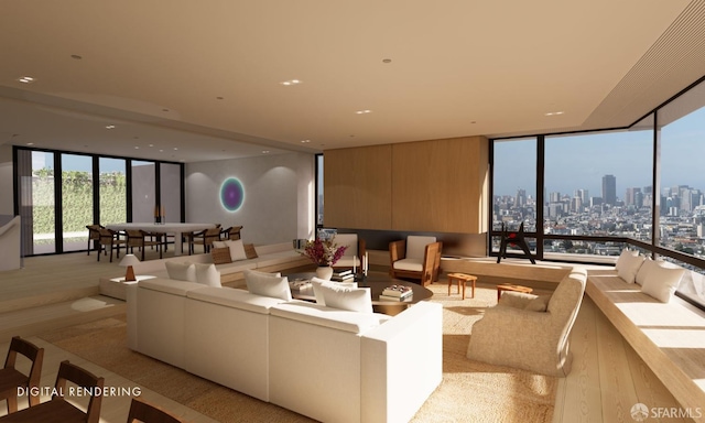 living room with light hardwood / wood-style floors and expansive windows