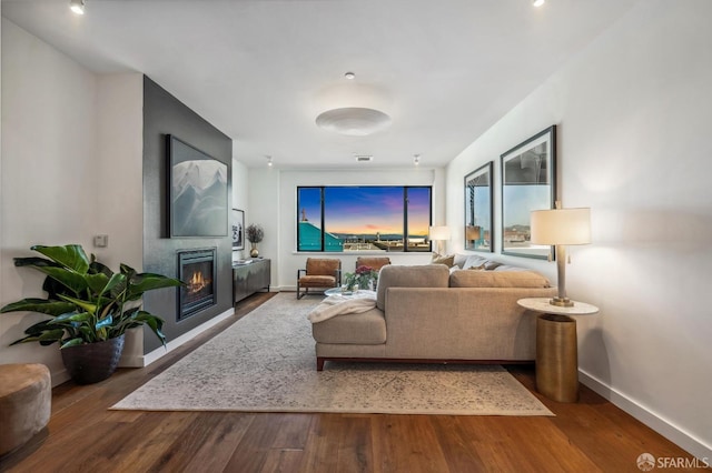 living room with hardwood / wood-style floors and a large fireplace