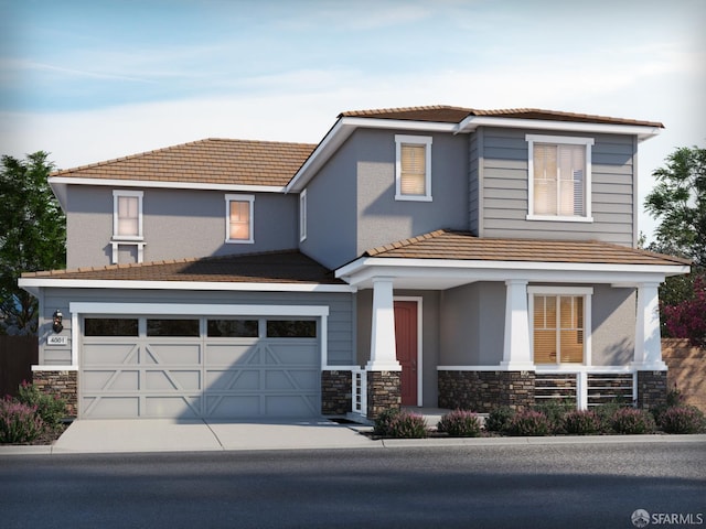 4107 Markovic Ct, Richmond, CA 94806 - view of front of home featuring stone siding, an attached garage, a porch, and concrete driveway